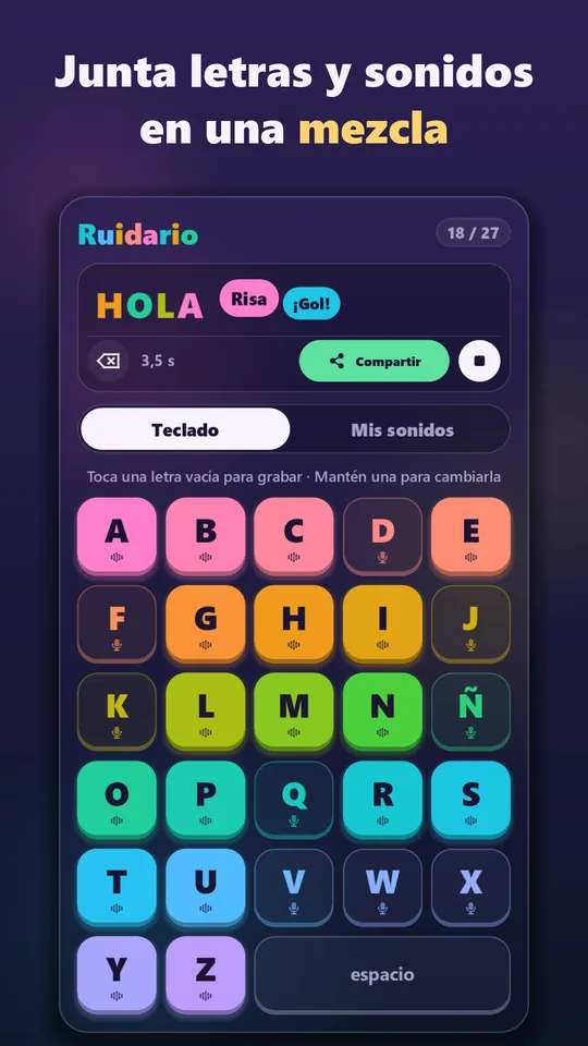Junta letras y sonidos en una mezcla: HOLA seguido de los botones Risa y ¡Gol!
